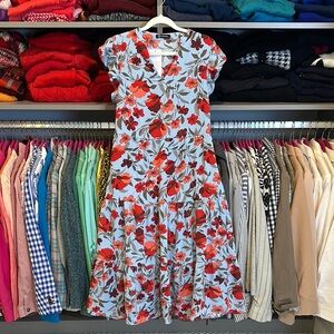 Pretty Garden blue/orange floral elastic waistband midi dress size S NWT